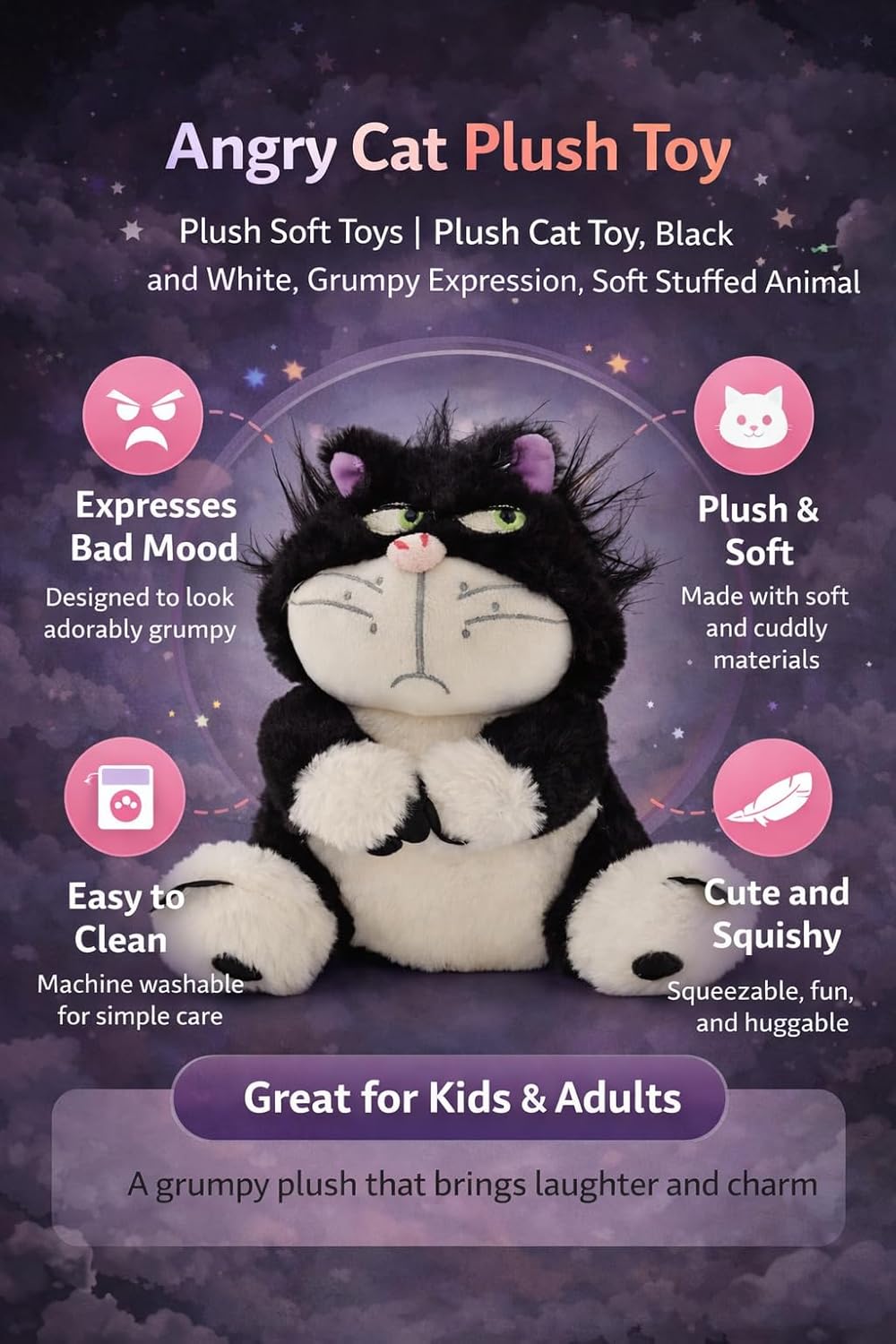 Angry Cat Plush Toy Lucifer 30CM | Cute Cartoon Cat Soft Toy | Funny Expression Stuffed Animal for Kids