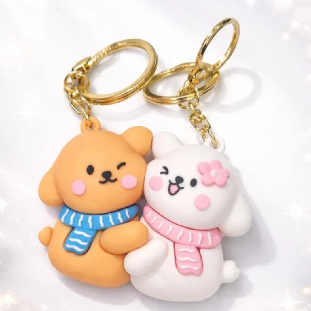 Magnetic Couple Bear Keychain Set | Dudu Bubu Cartoon Keyrings | Cute Hugging Magnet Keychain for Couples
