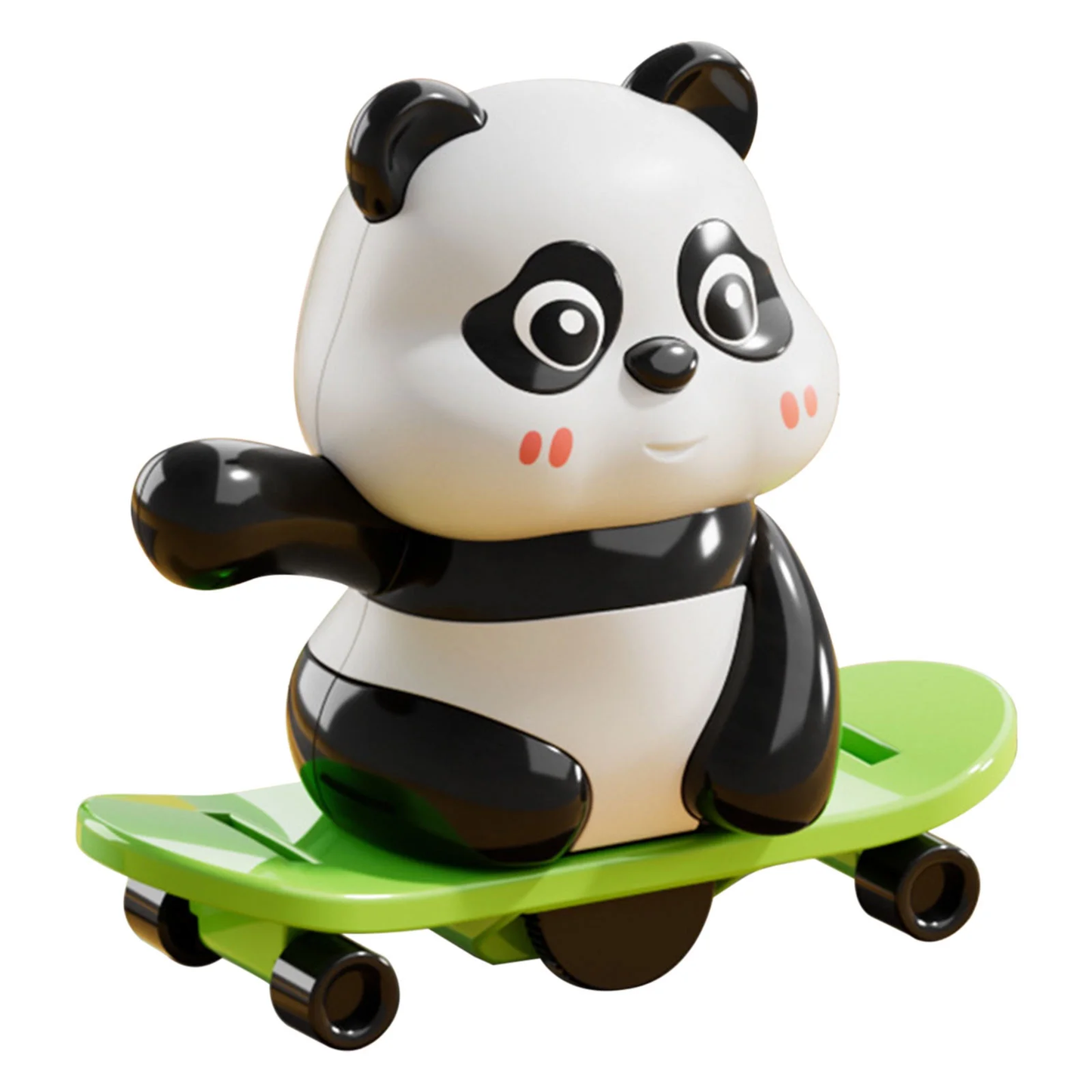 Toy panda on a green skateboard with a white background