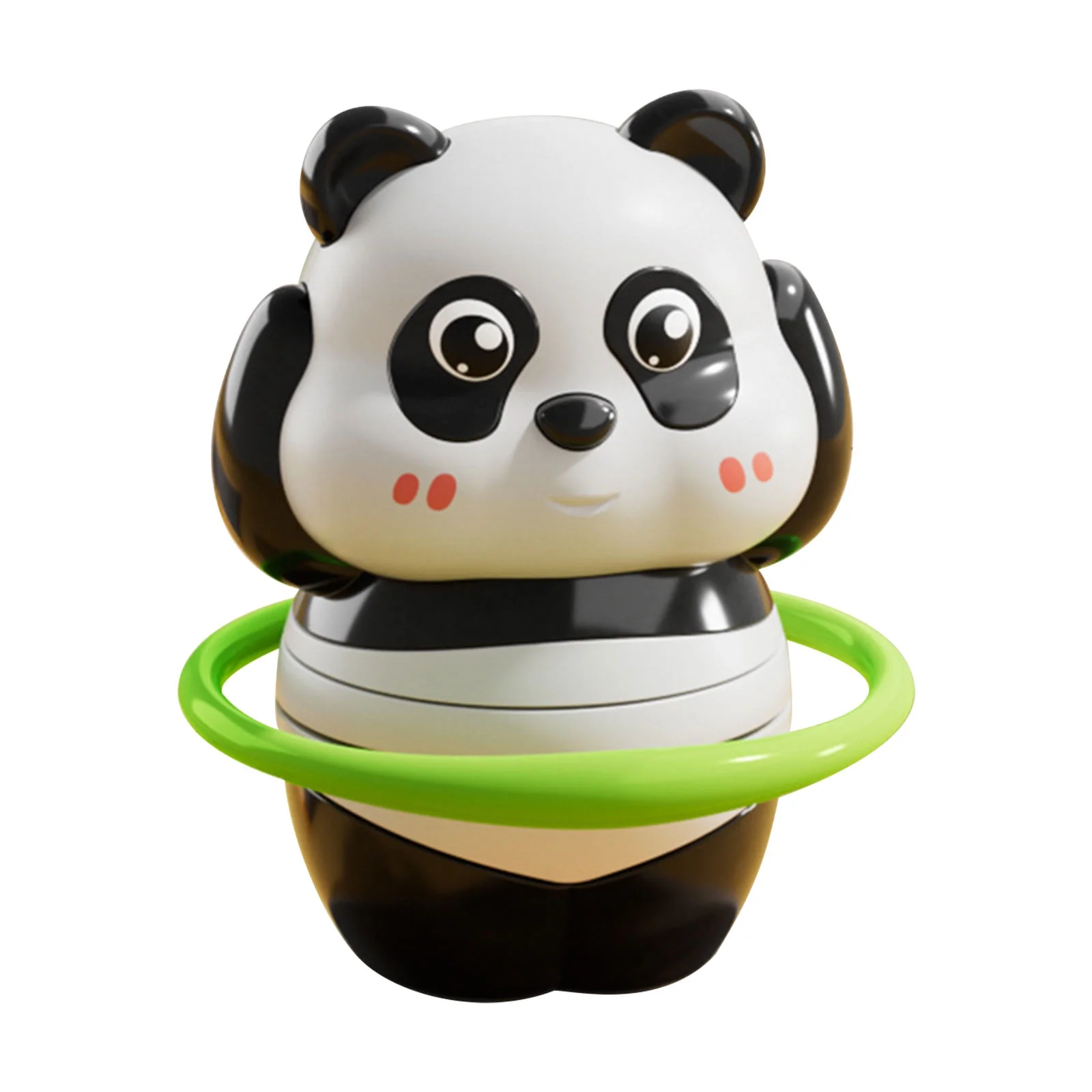 Panda-shaped toy with a green hoop on a white background