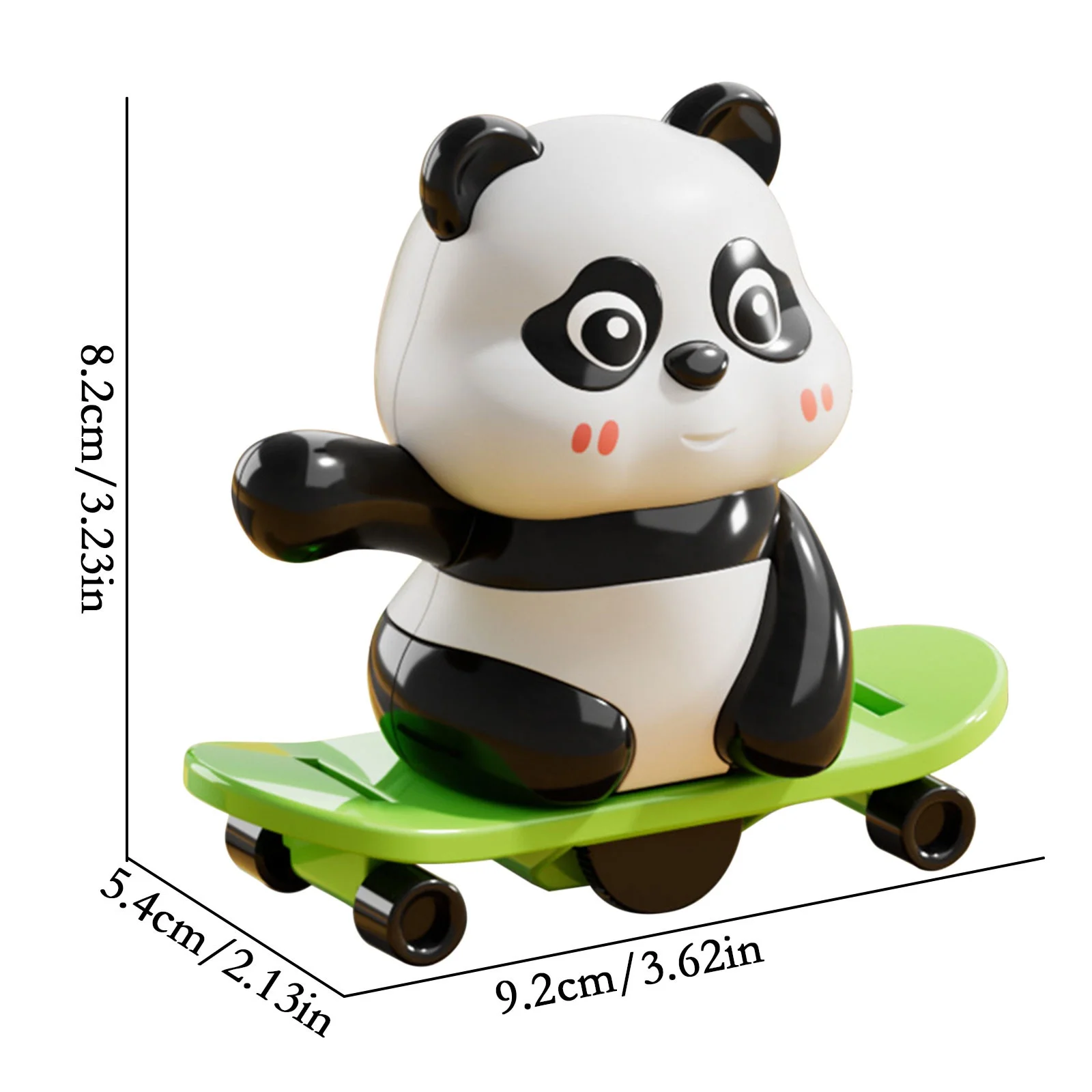 Panda toy on a skateboard with measurements indicated