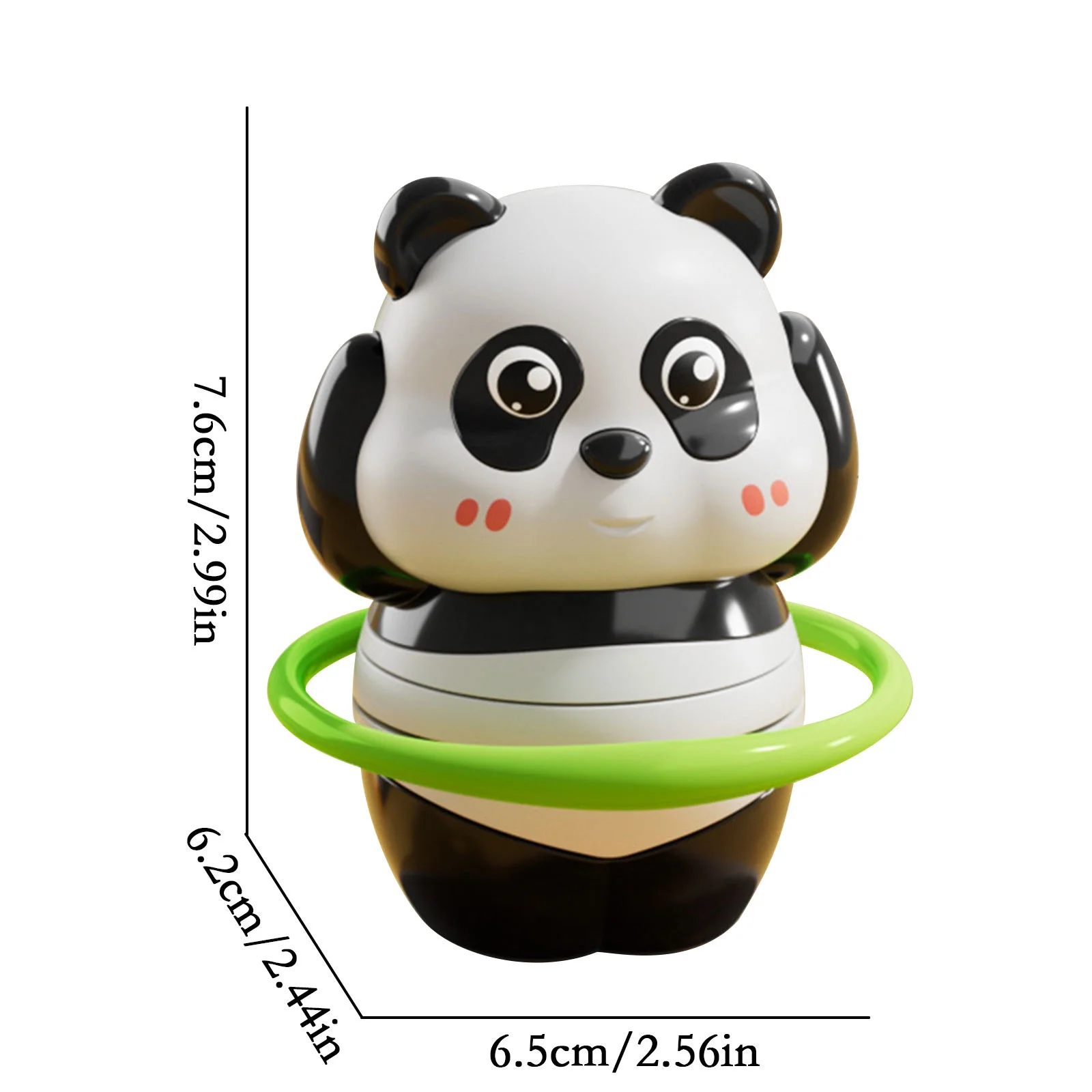 Panda-shaped toy with a green ring, showing measurements on a white background