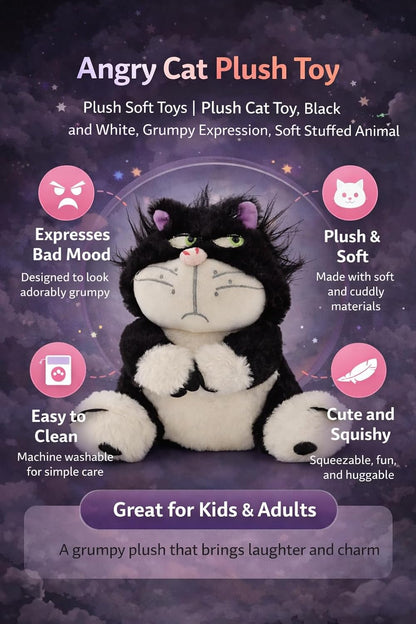 Angry Cat Plush Toy Lucifer 30CM | Cute Cartoon Cat Soft Toy | Funny Expression Stuffed Animal for Kids