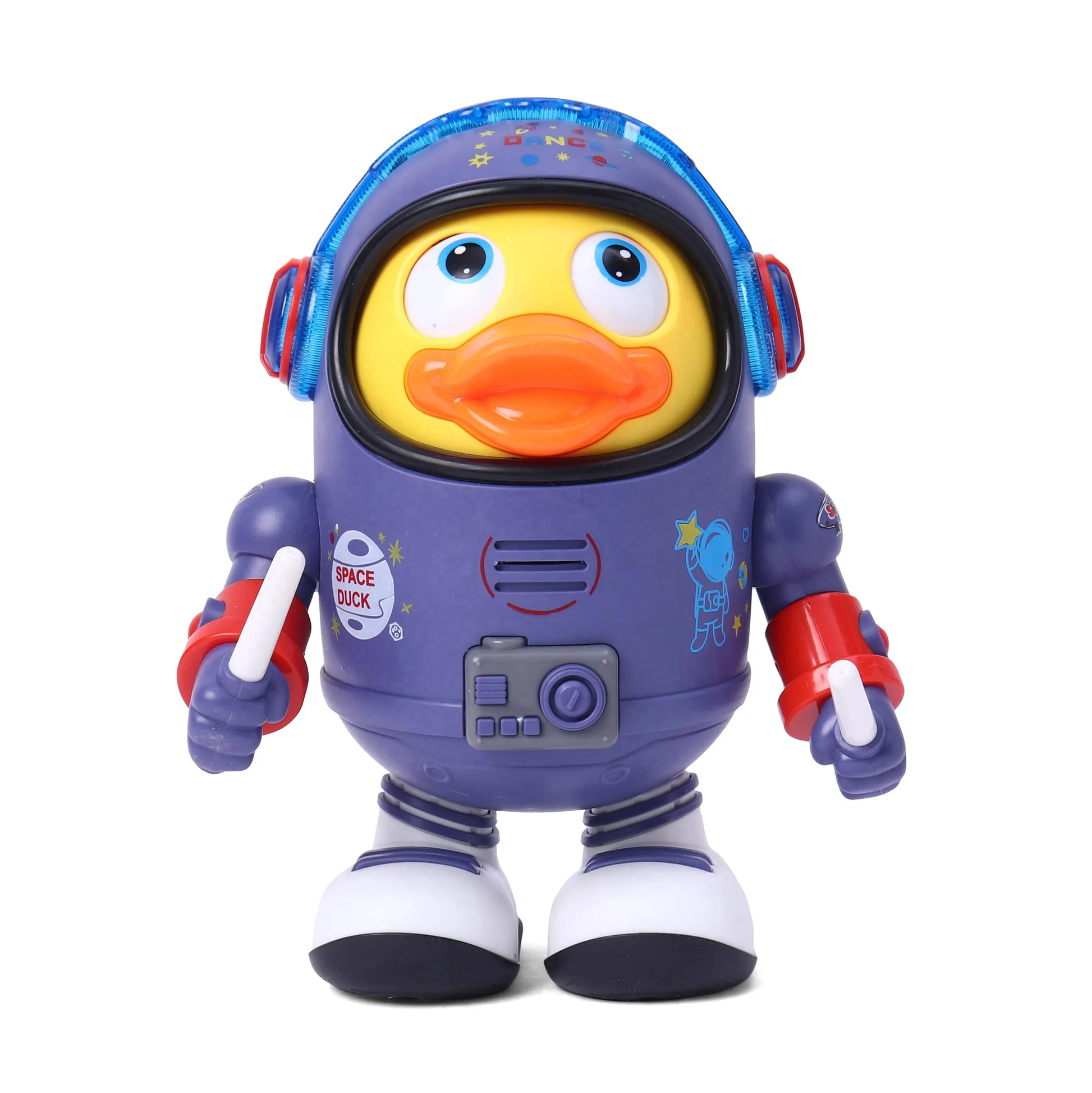 Toy duck dressed as an astronaut with a purple suit and helmet on a white background