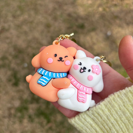 Magnetic Couple Bear Keychain Set | Dudu Bubu Cartoon Keyrings | Cute Hugging Magnet Keychain for Couples