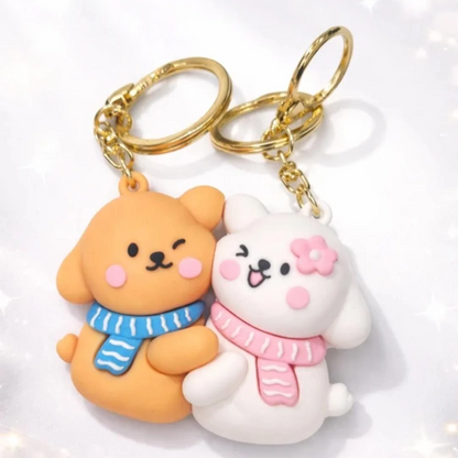 Magnetic Couple Bear Keychain Set | Dudu Bubu Cartoon Keyrings | Cute Hugging Magnet Keychain for Couples