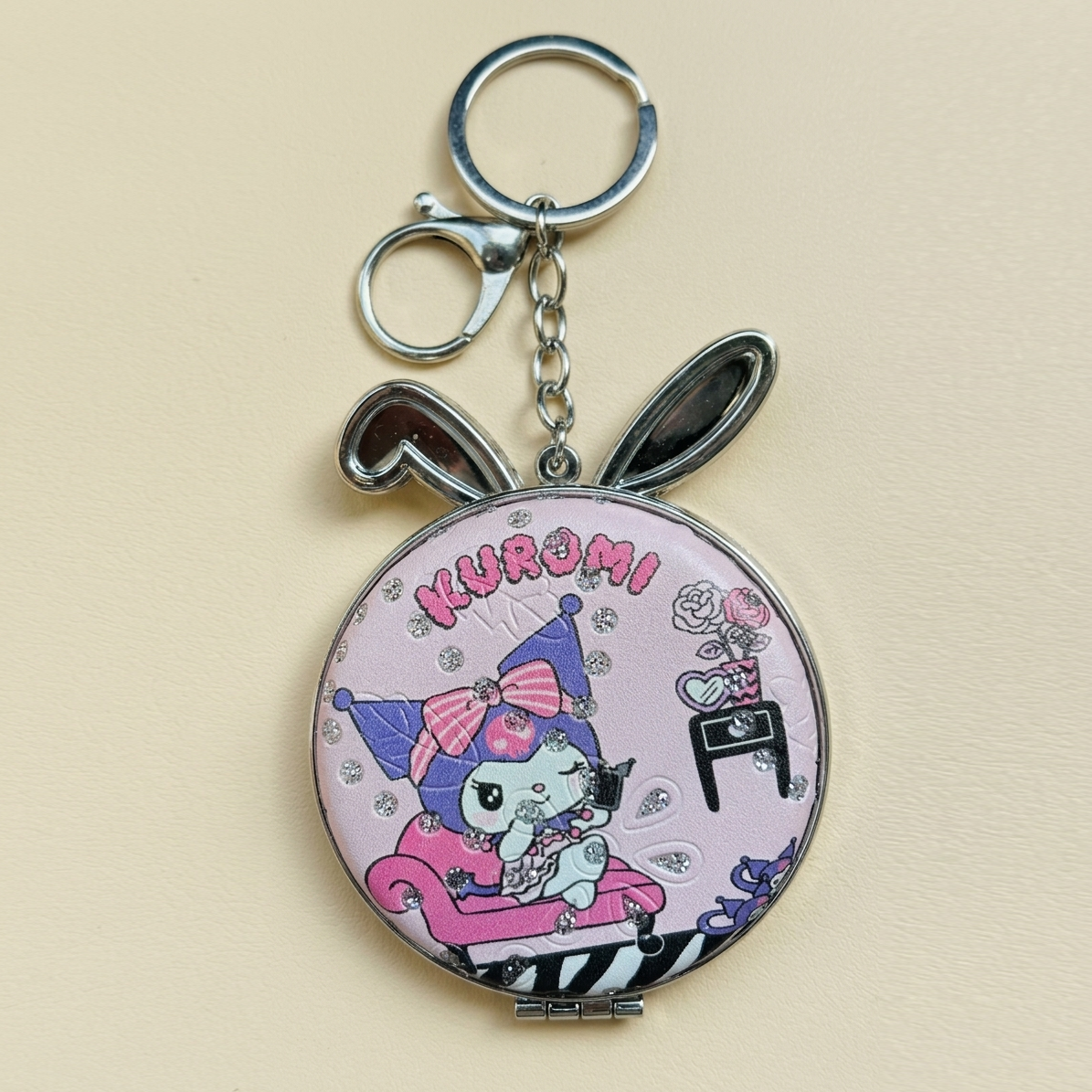 Kuromi Compact Mirror Keychain | Portable Makeup Mirror with Keyring | Cute Kawaii Beauty Accessory