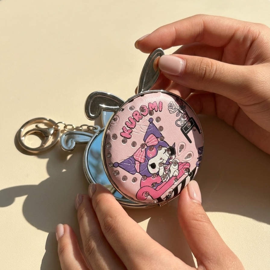 Kuromi Compact Mirror Keychain | Portable Makeup Mirror with Keyring | Cute Kawaii Beauty Accessory