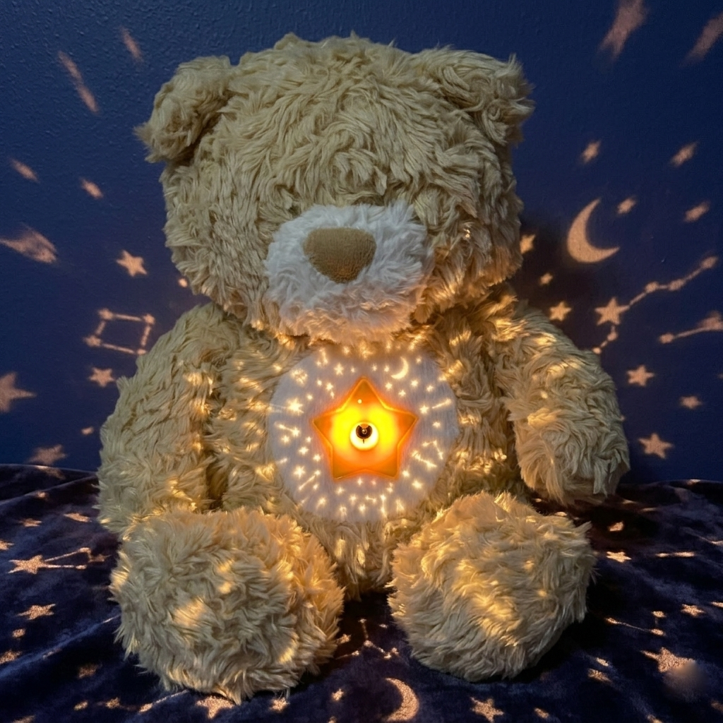 Teddy bear with glowing star light on a dark blue background with celestial patterns