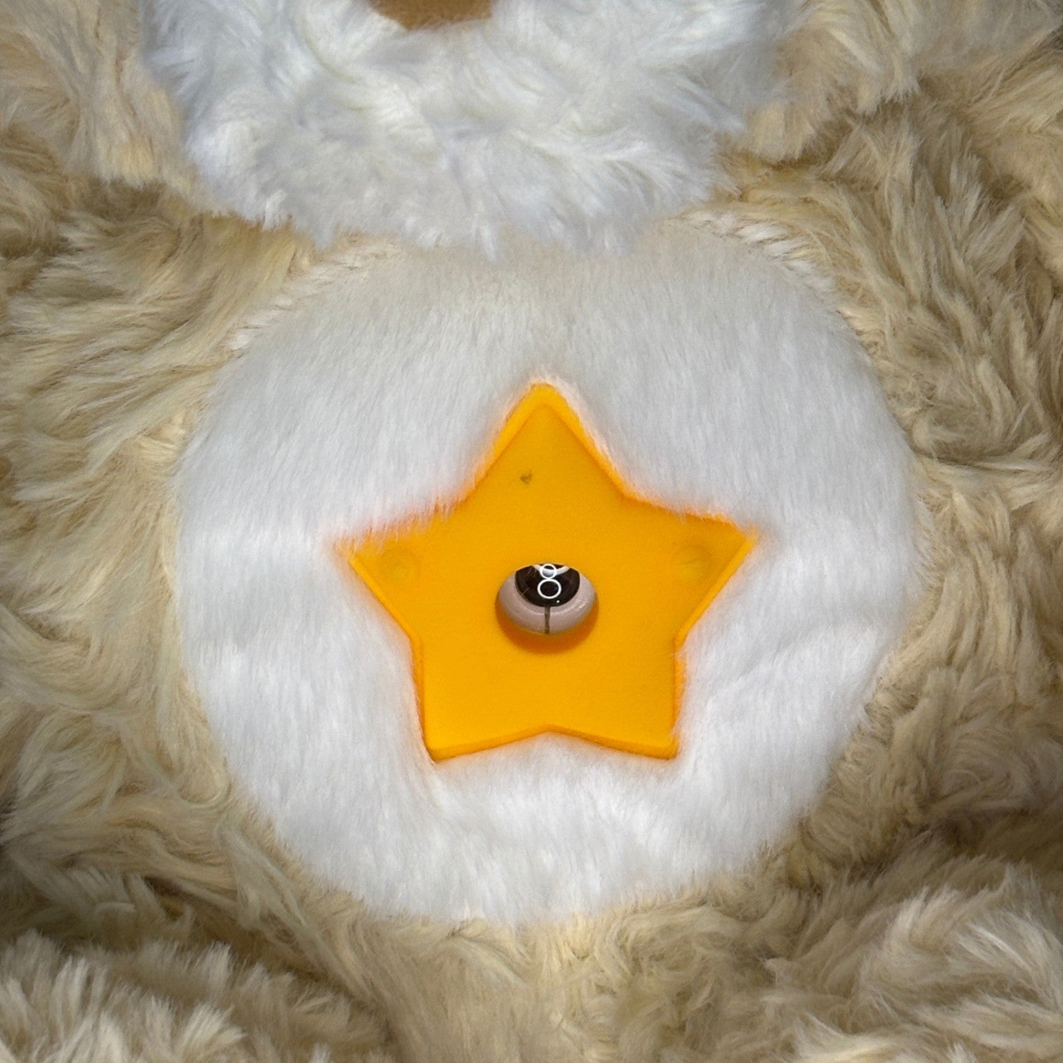 Star-shaped object with a button on a fluffy beige surface