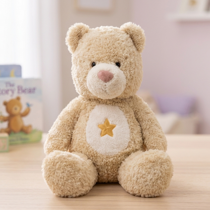 Plush teddy bear with a star on a wooden surface, blurred background