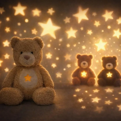 Three teddy bears with star patterns against a warm, starry background