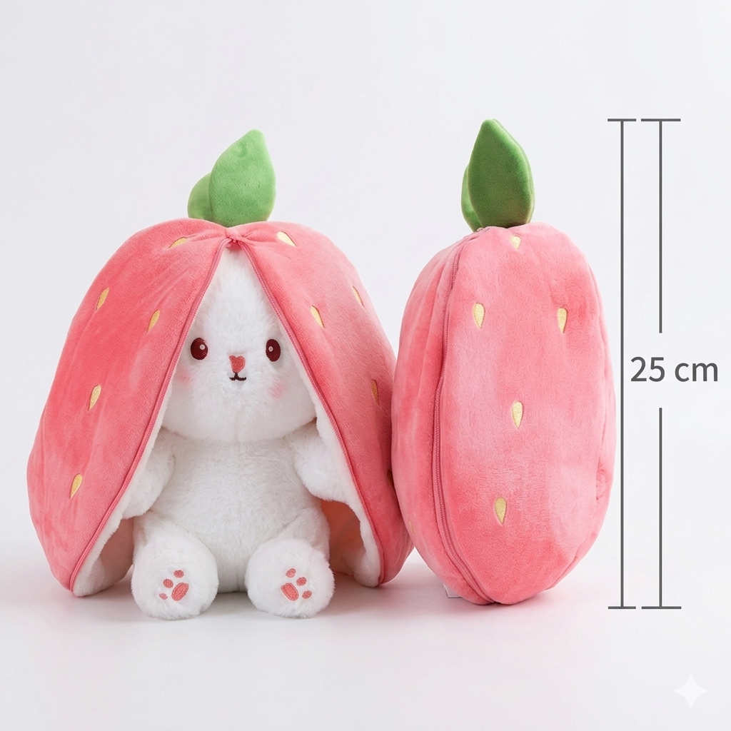 Reversible Strawberry Bunny Rabbit Plush Toy | Cute Bunny Soft Toy with Zipper | Seek Rabbit Plush Pillow for Kids