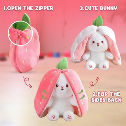 Reversible Strawberry Bunny Rabbit Plush Toy | Cute Bunny Soft Toy with Zipper | Seek Rabbit Plush Pillow for Kids