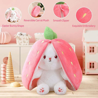 Reversible Strawberry Bunny Rabbit Plush Toy | Cute Bunny Soft Toy with Zipper | Seek Rabbit Plush Pillow for Kids